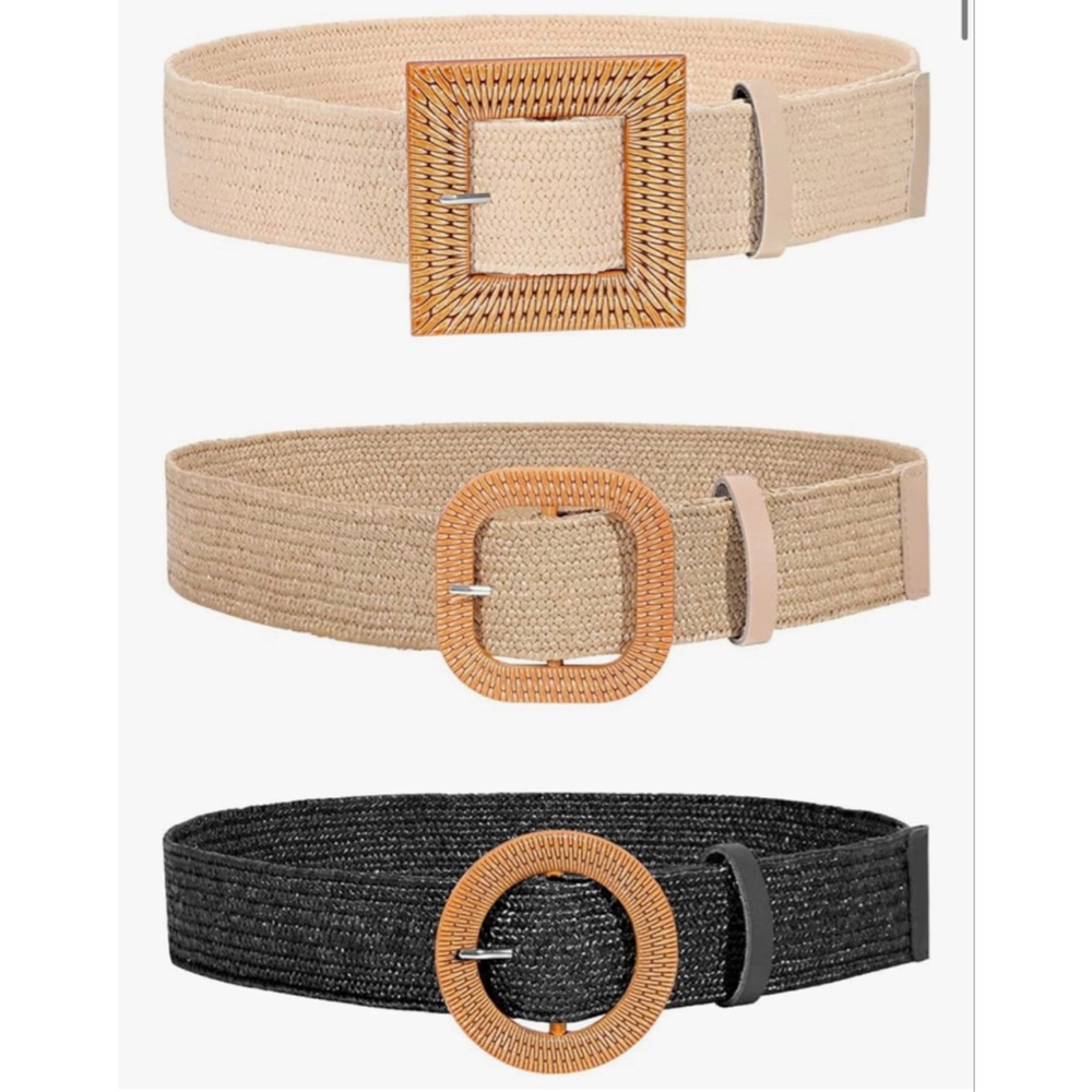 NEW Lot of 3 Straw Woven Elastic Stretch Belts Up to 30”